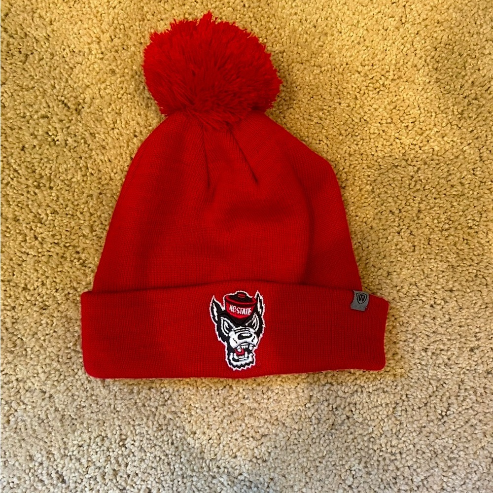 Red Beanie Hat with Pom-pom and Skull Emblem